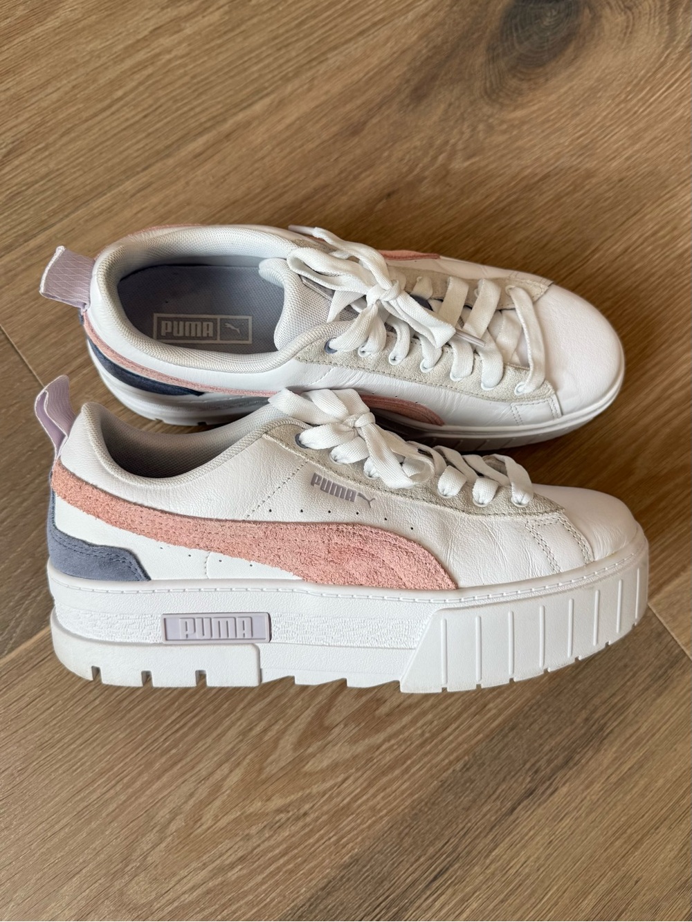 Puma White Sneakers with Pink Suede Formstrip and Gray Accent
